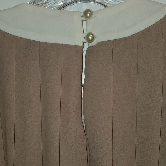 Liz Roberts Women's Tan & Cream Pleaded Elastic Waist Midi Retro Dress Size 14 - Picture 6 of 7